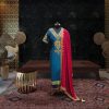 Blue Crepe Suit with Golden Embroidery
